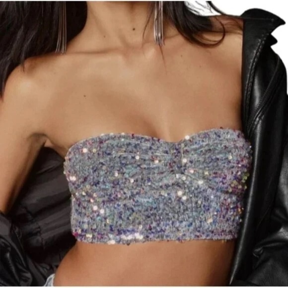 NWT Anthropologie Eve Sequin Bralette: Bandeau Edition, Grey Iridescent Size L - Picture 5 of 10